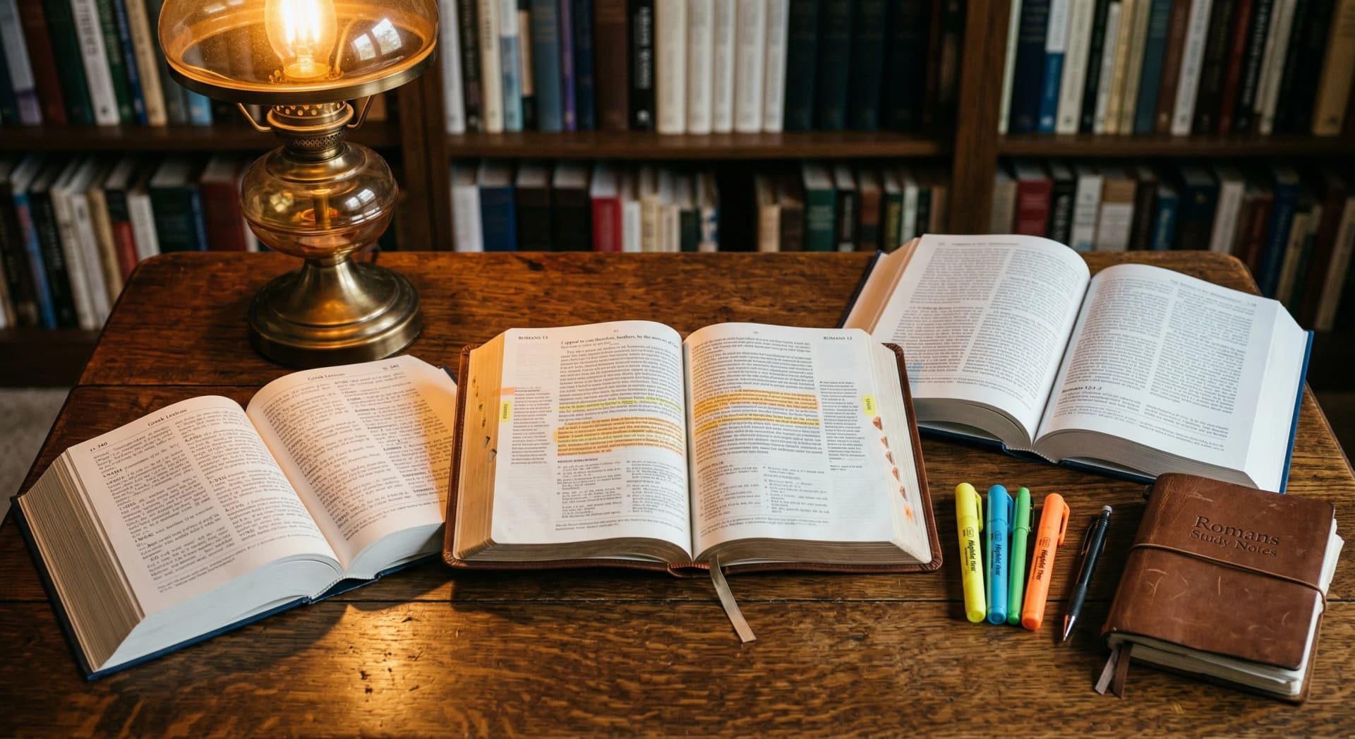 Bible study tools arranged on a wooden desk