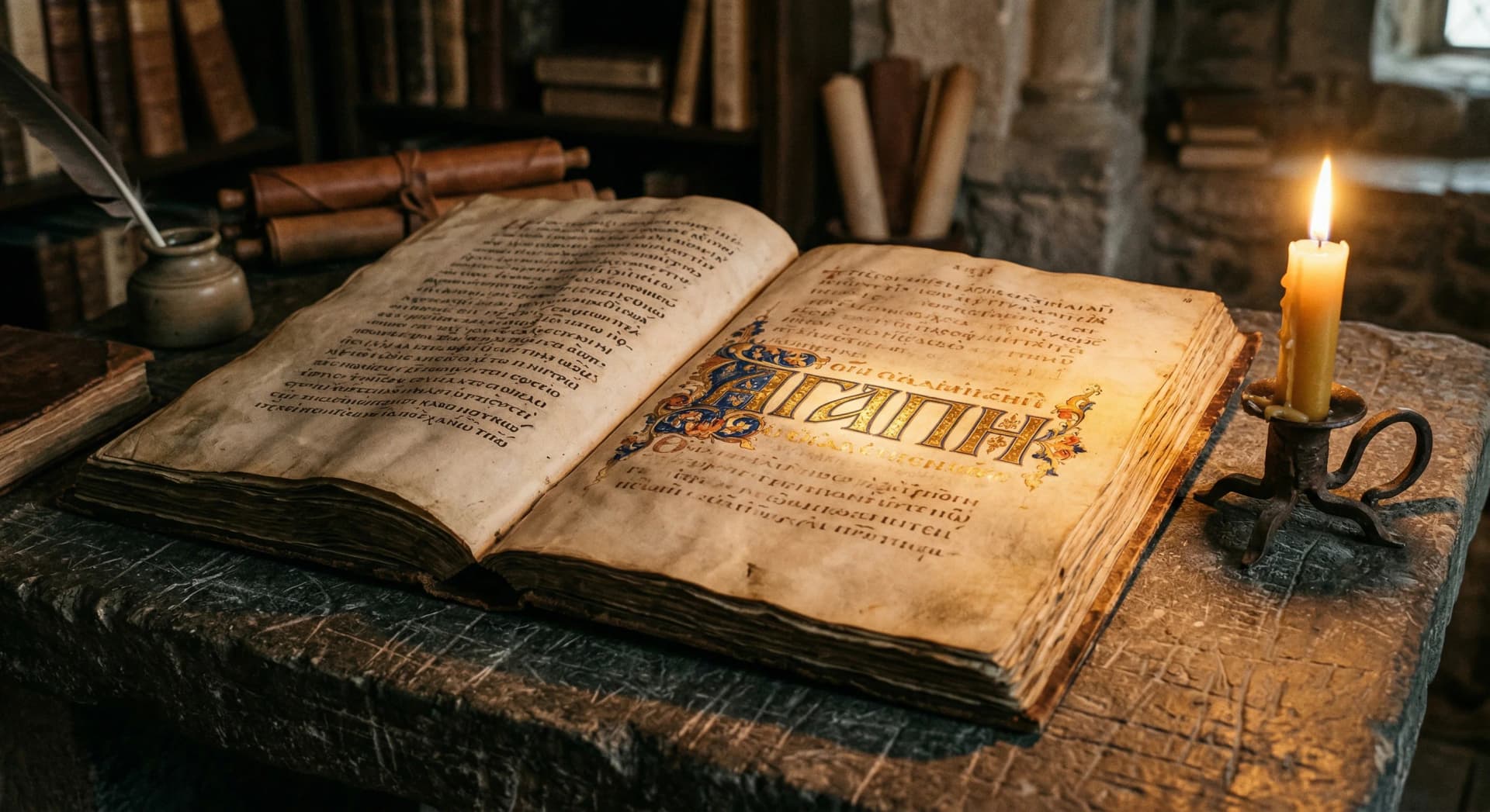 Ancient Greek manuscript with the word agape illuminated in golden candlelight