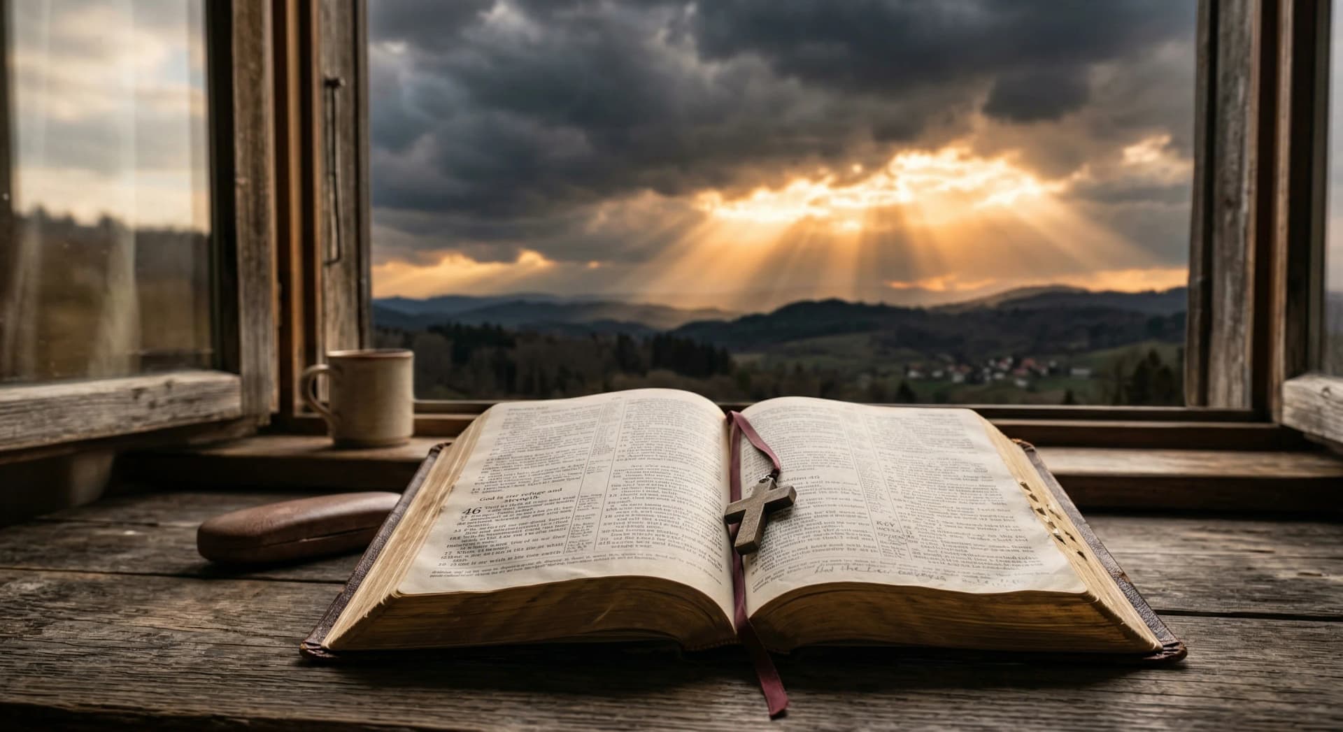 Open Bible in soft morning light with golden rays of hope breaking through clouds