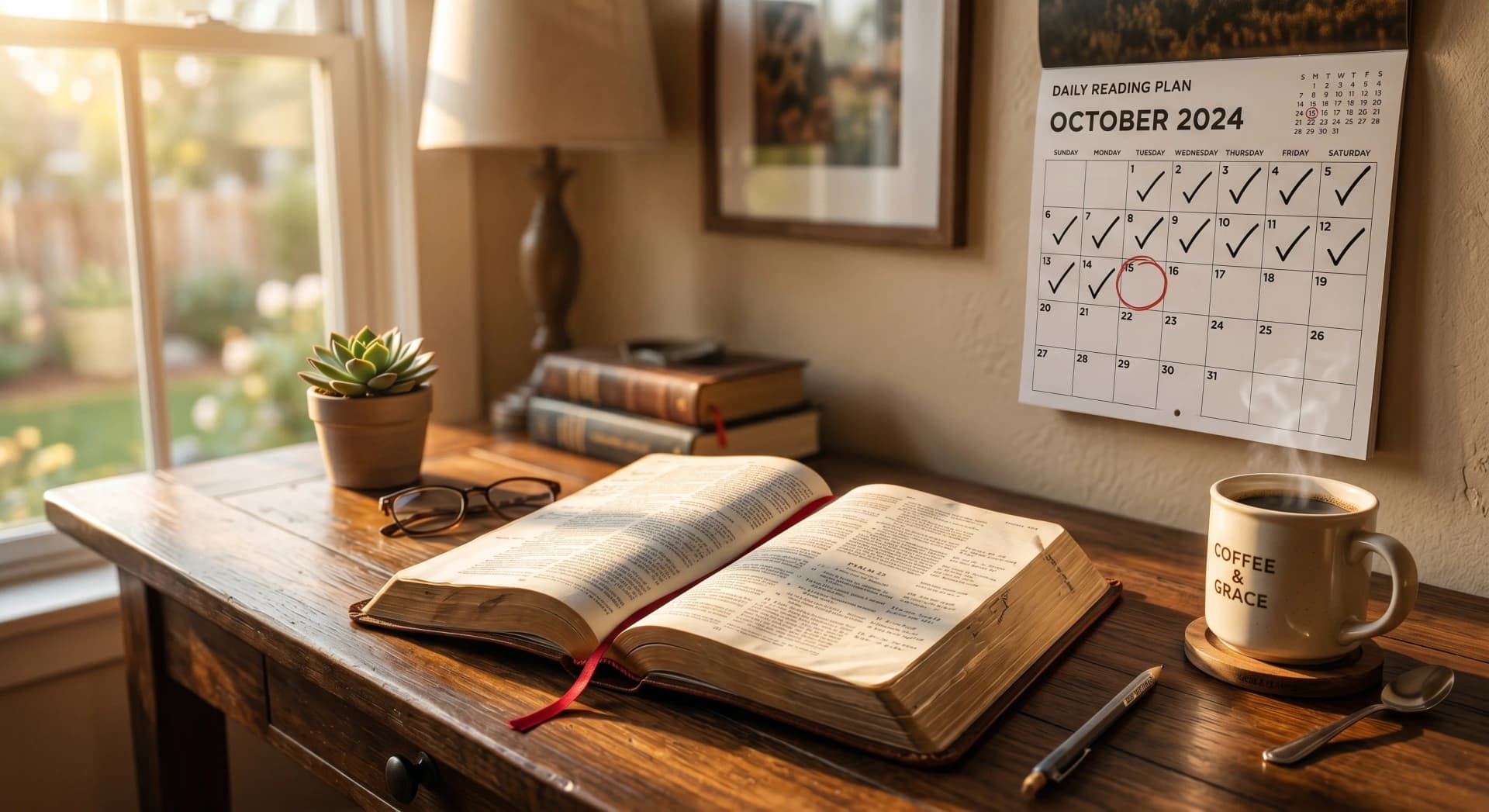 Open Bible with a calendar and reading checklist on a wooden desk