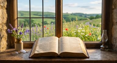 Open Bible showing the Beatitudes with golden morning light streaming through a church window