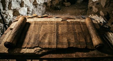 Ancient biblical scroll with symmetrical patterns visible in dramatic side lighting