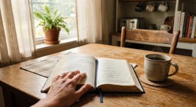 Person with open Bible and journal by a calm lake at sunrise