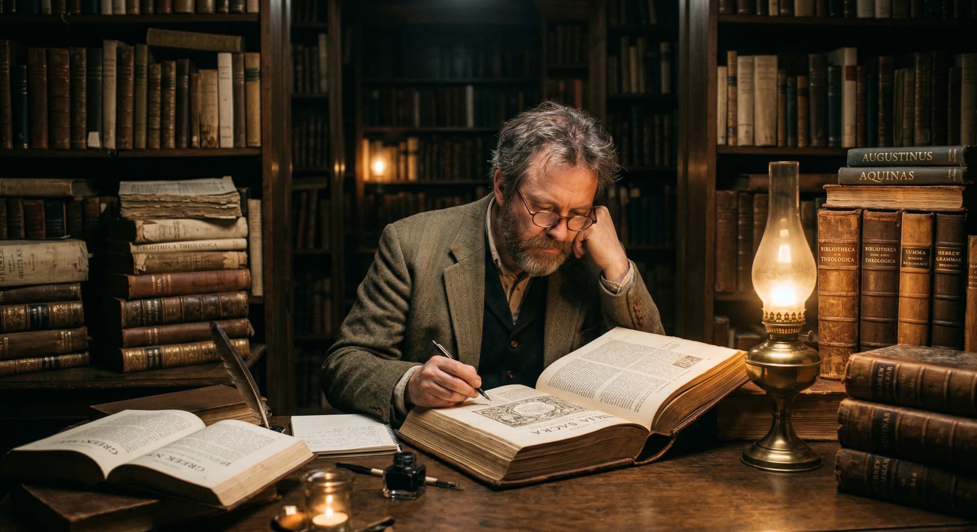Scholar surrounded by ancient theological books reading a large open Bible in a dim library