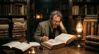 Scholar studying ancient Bible manuscripts and commentaries