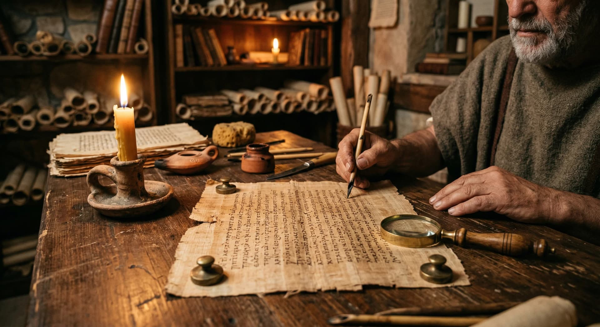Ancient Greek papyrus manuscript with handwritten text by candlelight