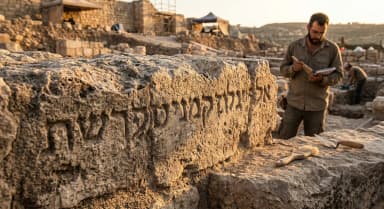 Ancient Hebrew alphabet letters carved in worn stone with warm golden hour light