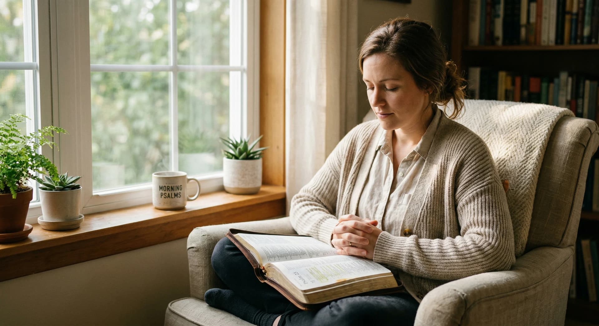 Person sitting in peaceful morning light reading a Bible with hands folded in prayer