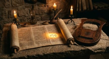 Ancient Hebrew scroll open to the Psalms with selah notation visible in golden candlelight