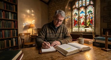 Pastor studying at a wooden desk with open Bible and stained glass windows behind