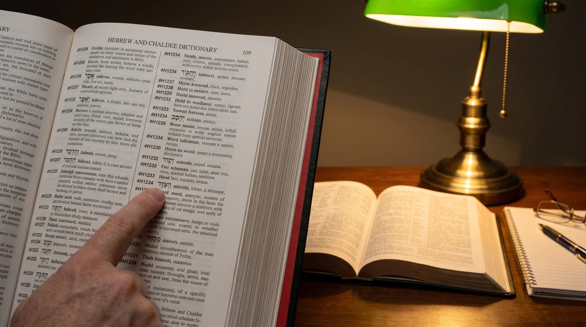 Open Bible with Strong's numbers highlighted alongside a Greek lexicon and magnifying glass