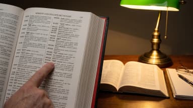 Open Bible with Strong's numbers highlighted alongside a Greek lexicon and magnifying glass