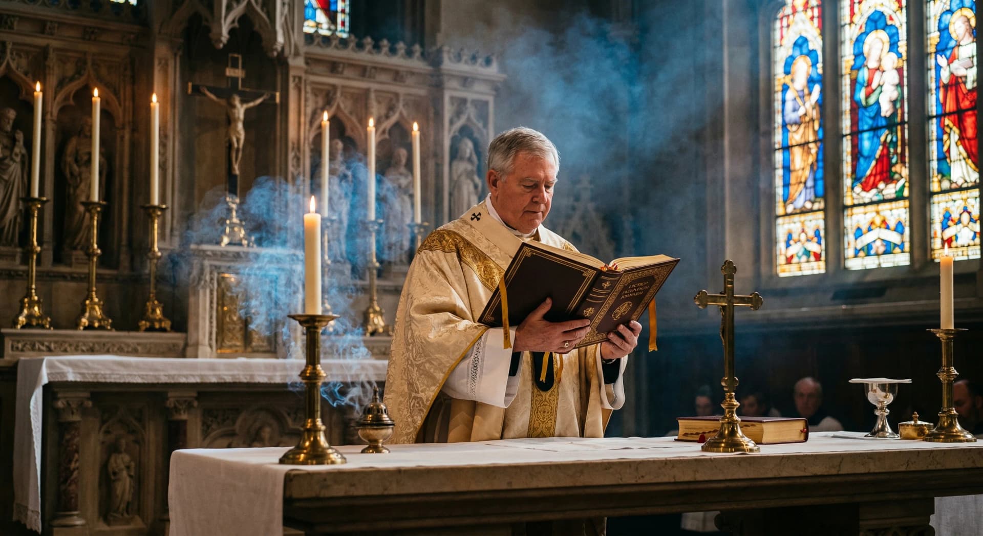 Catholic priest with lectionary at the altar