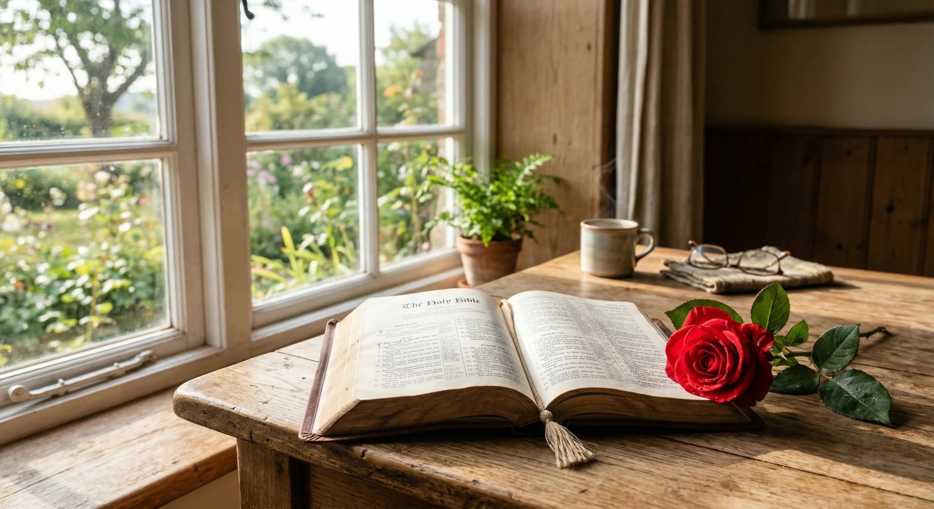 Open Bible on a sunlit table for daily gospel reading