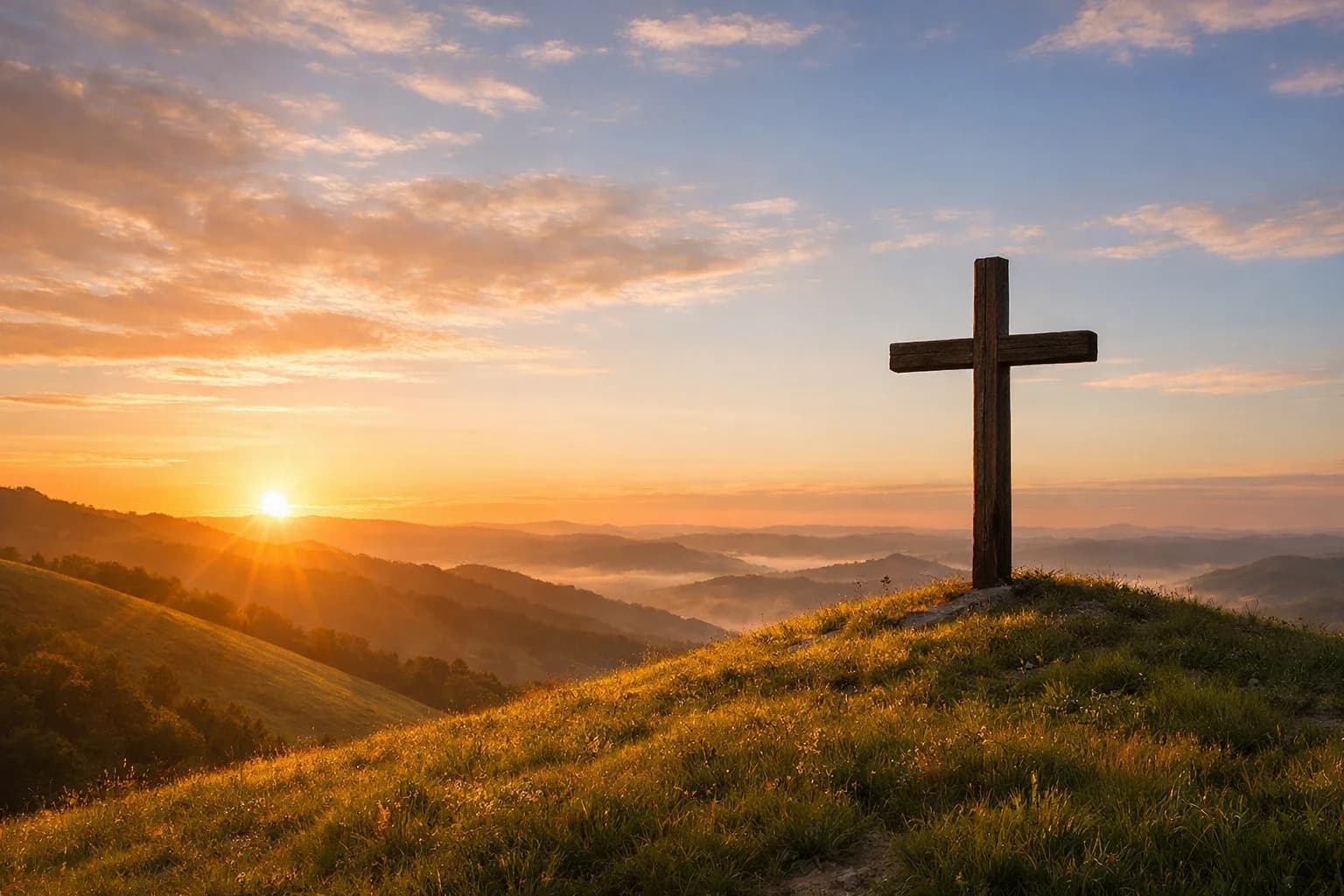 Sunrise over rolling hills with a wooden cross silhouette
