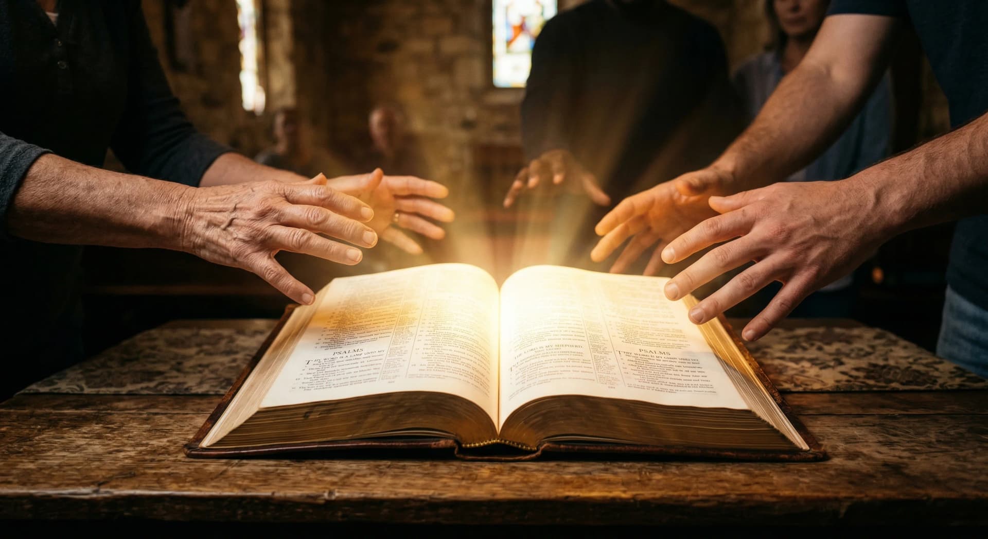 Open Bible with golden light from the pages