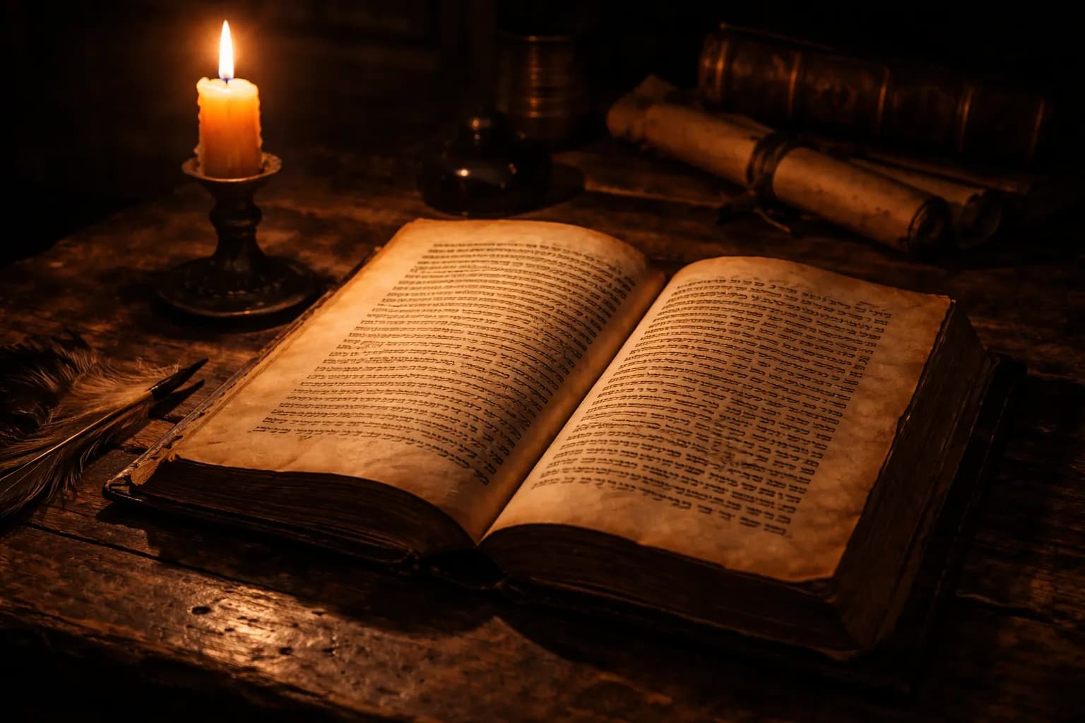 Ancient Bible manuscript open on a wooden desk