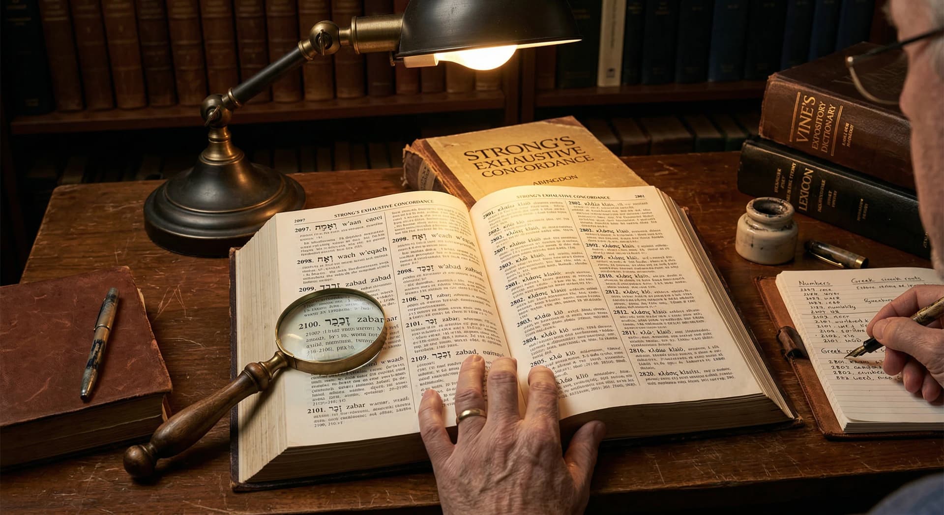 Strong's Exhaustive Concordance open on a scholarly desk