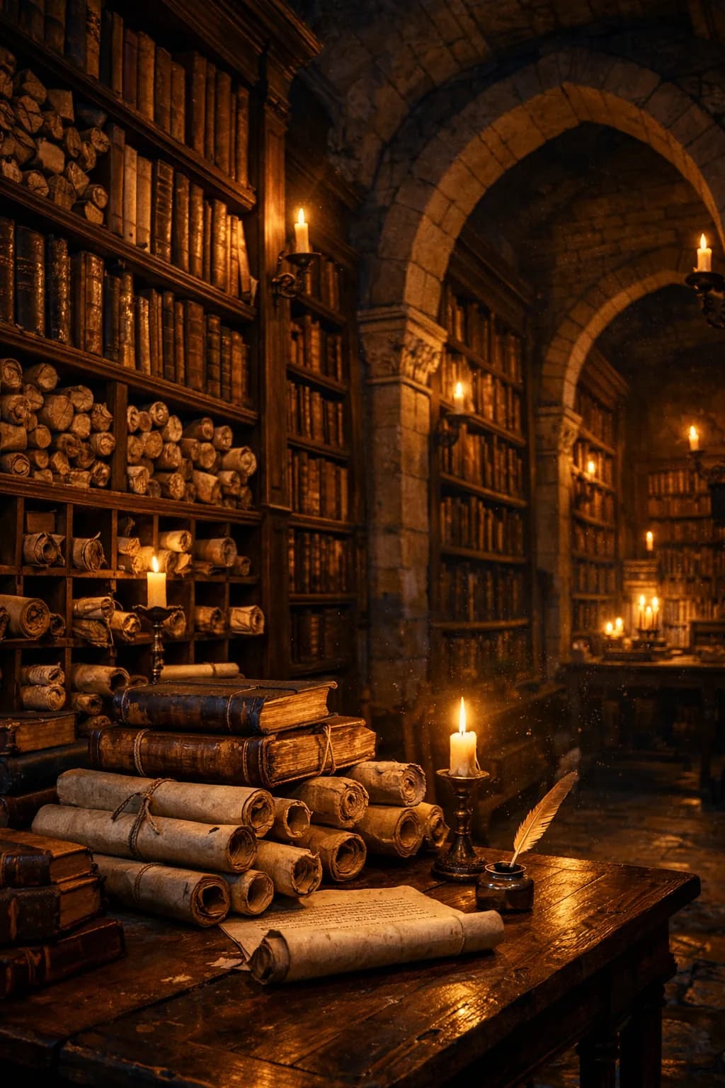 Scholar in an ancient library surrounded by scrolls and manuscripts