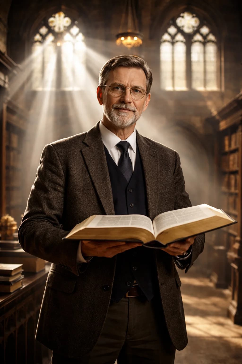 Scholar holding a Bible in a grand stone library