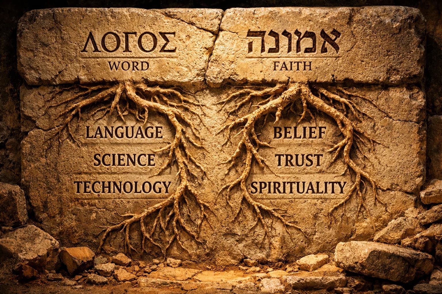 Ancient Greek and Hebrew root words carved in stone