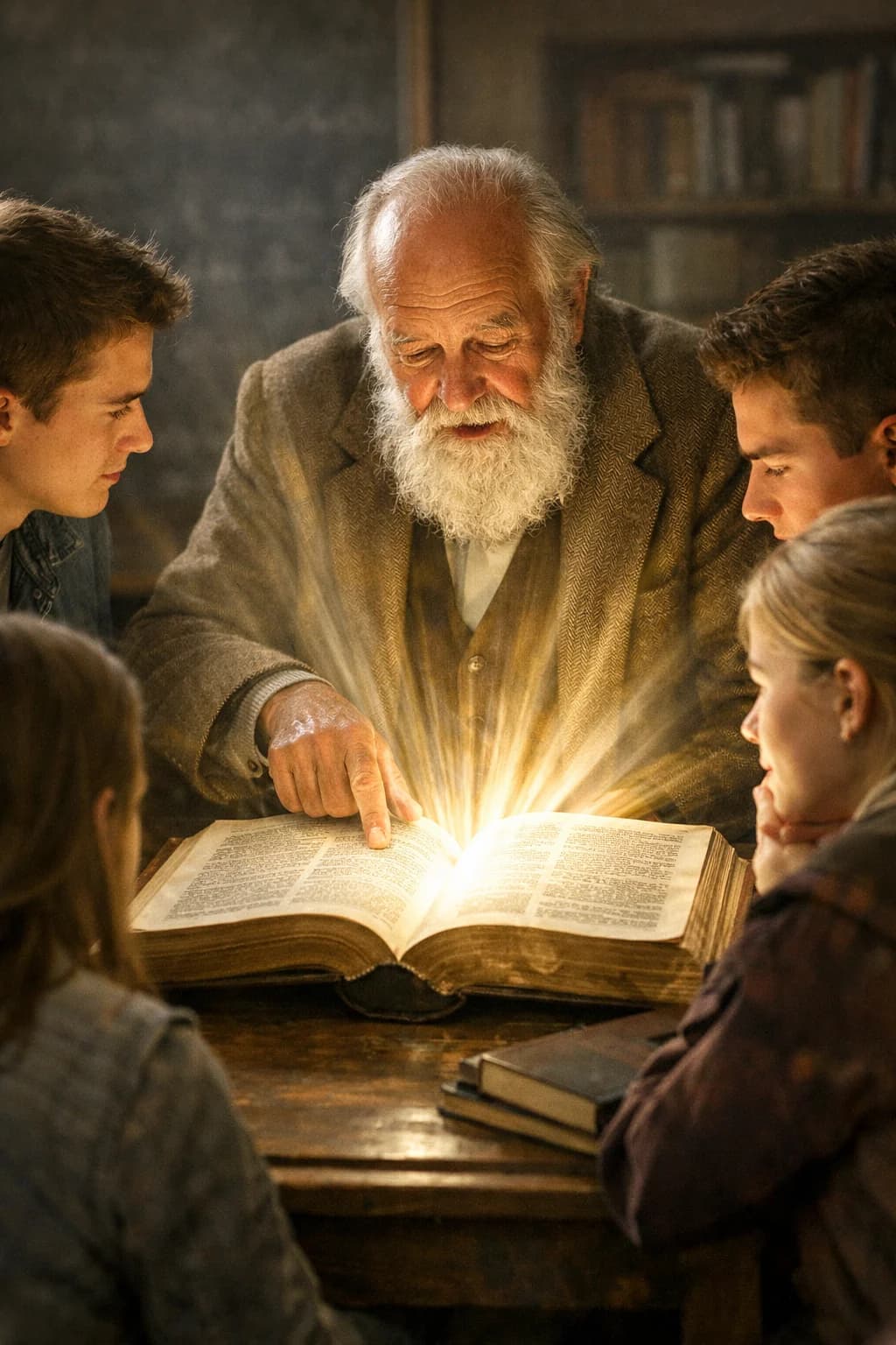 Wise teacher illuminating a passage from a large open Bible
