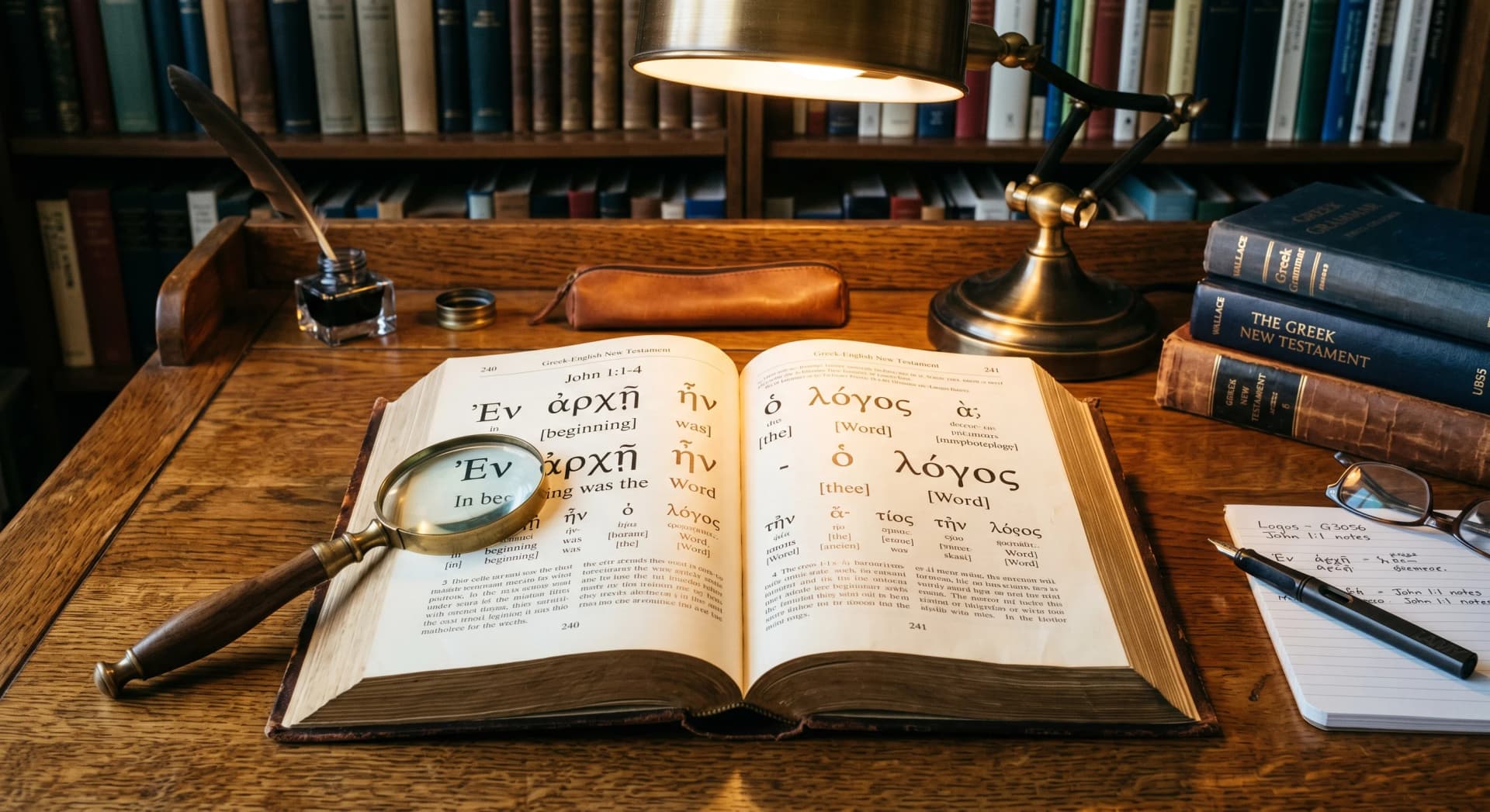Open Bible with Greek and Hebrew text for interlinear study