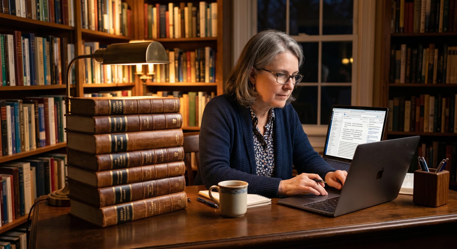 Scholar comparing expensive reference library with modern tablet Bible study tools